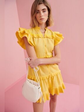 CeliaB Fae Cotton Linen Yellow Ruffle Sleeve Mini Dress XS